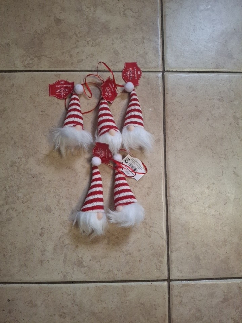 Set of Five Red & White Striped Gnome Ornaments